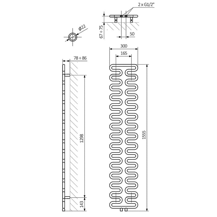 Aire - Anthracite Towel Radiator - H1555mm x W300mm