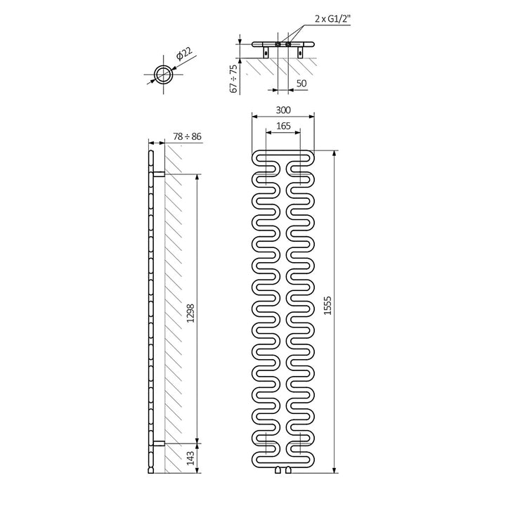 Aire - Winter Sky Towel Radiator - H1555mm x W300mm