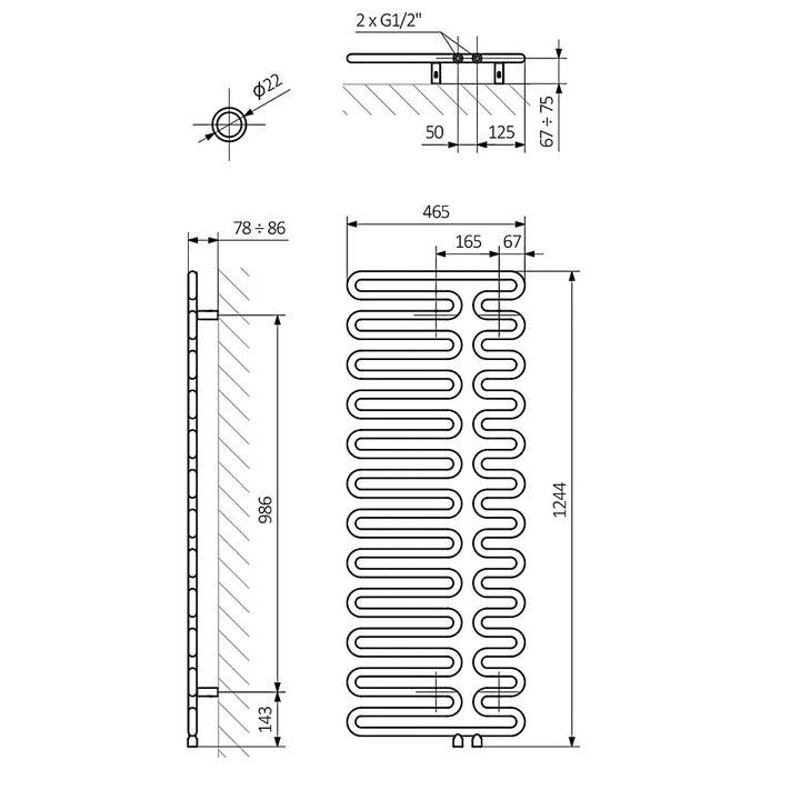 Swale - Black Towel Radiator - H1244mm x W465mm