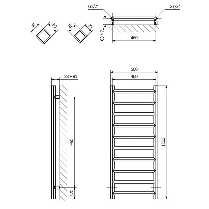 Crystal - White Towel Radiator - H1200mm x W500mm