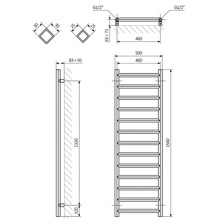 Crystal - Anthracite Towel Radiator - H1560mm x W500mm