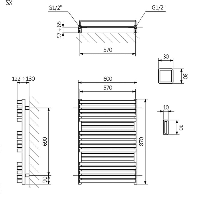 Quadrus - Black Towel Radiator - H870mm x W600mm