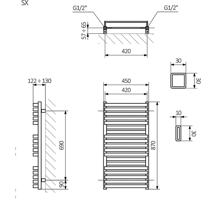 Quadrus - Black Towel Radiator - H870mm x W450mm