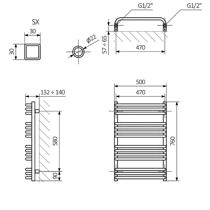 Alex - Modern Grey Towel Radiator - H760mm x W500mm