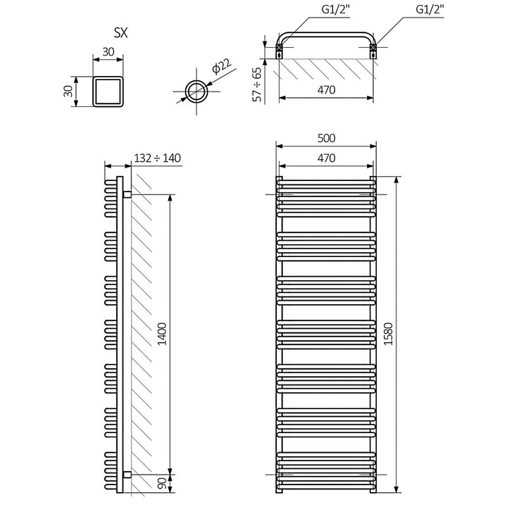 Alex - Modern Grey Towel Radiator - H1580mm x W500mm