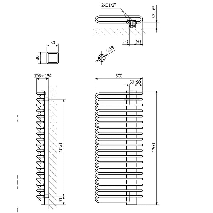 Michelle - Black Towel Radiator - H1200mm x W500mm