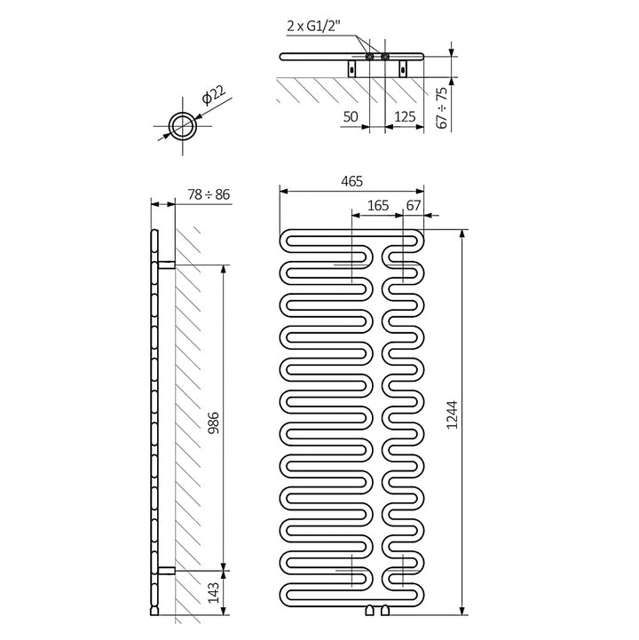 Swale - Copper Towel Radiator - H1244mm x W465mm