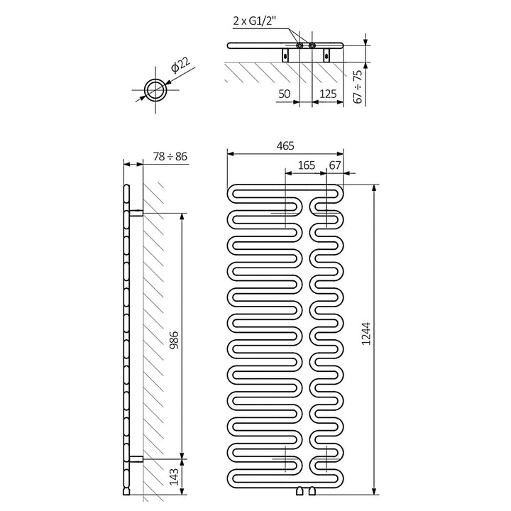 Swale - White Towel Radiator - H1244mm x W465mm