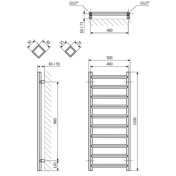 Crystal - Anthracite Towel Radiator - H1200mm x W500mm