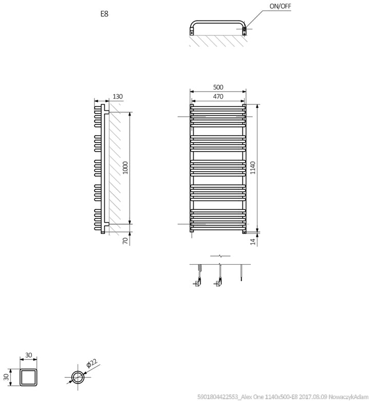 Alex One - Brass Electric Towel Rail H1140mm x W500mm 600w Thermostatic