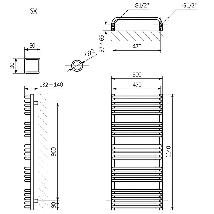 Alex - White Towel Radiator - H1140mm x W500mm