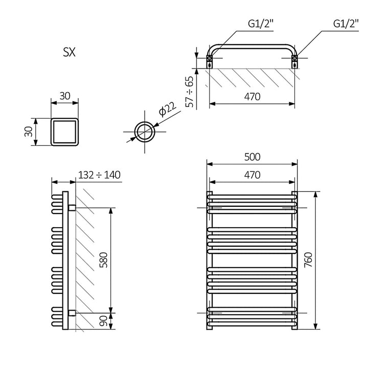 Alex - White Towel Radiator - H760mm x W500mm