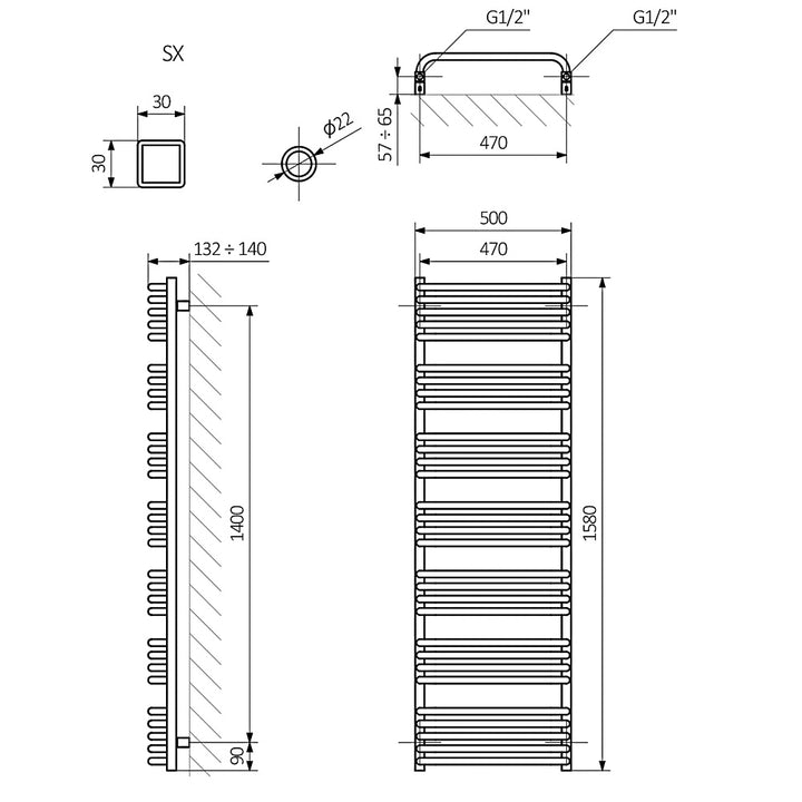 Alex - White Towel Radiator - H1580mm x W500mm