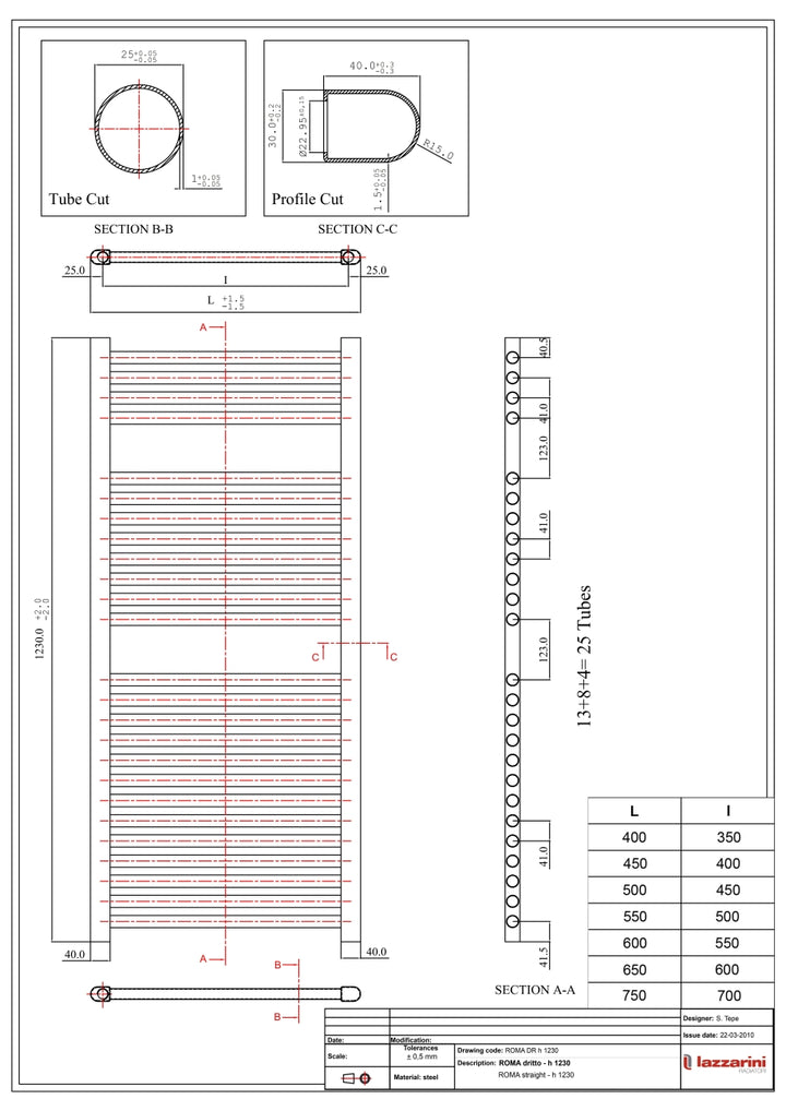 Roma - Chrome Heated Towel Rail - H1230mm x W500mm - Straight