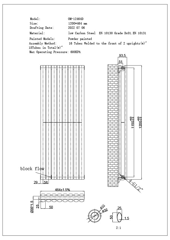 Omeara - Black Vertical Radiator H1200mm x W464mm Double Panel