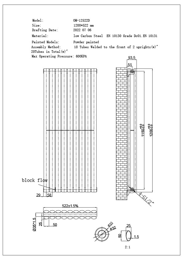 Omeara - Black Vertical Radiator H1200mm x W522mm Double Panel