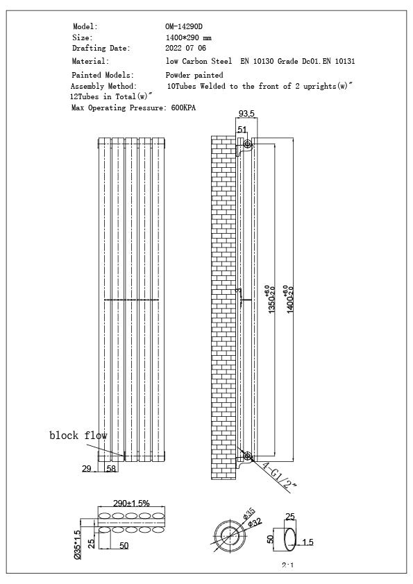 Omeara - Anthracite Vertical Radiator H1400mm x W290mm Double Panel