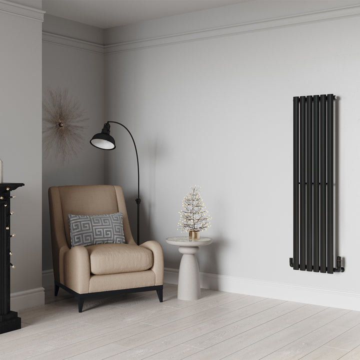 Omeara - Black Designer Radiator H1400mm x W348mm Single Panel - Feet Included