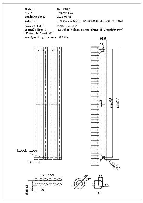 Omeara - White Designer Radiator H1400mm x W348mm Double Panel - Feet Included