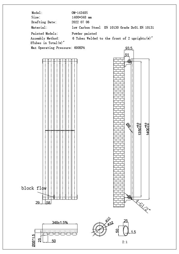 Omeara - Black Vertical Radiator H1400mm x W348mm Single Panel