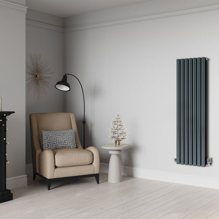Omeara - Anthracite Designer Radiator H1400mm x W406mm Double Panel - Feet Included