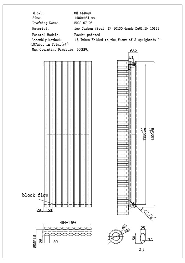 Omeara - Black Vertical Radiator H1400mm x W464mm Double Panel