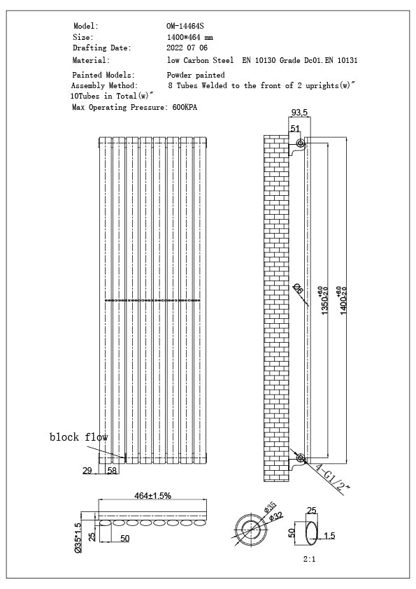 Omeara Axis - Black Horizontal Radiator H464mm x W1400mm Single Panel