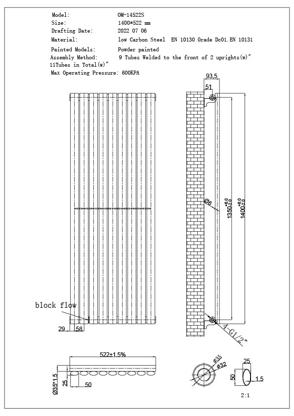 Omeara - White Vertical Radiator H1400mm x W522mm Single Panel