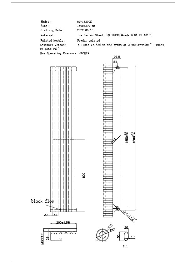 Omeara - Anthracite Vertical Radiator H1600mm x W290mm Single Panel