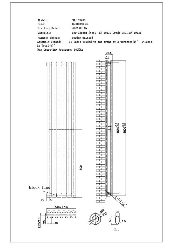Omeara - Anthracite Designer Radiator H1600mm x W348mm Double Panel - Feet Included