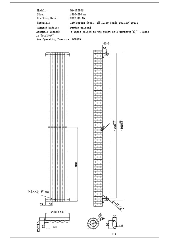 Omeara - Anthracite Designer Radiator H1800mm x W290mm Single Panel - Feet Included
