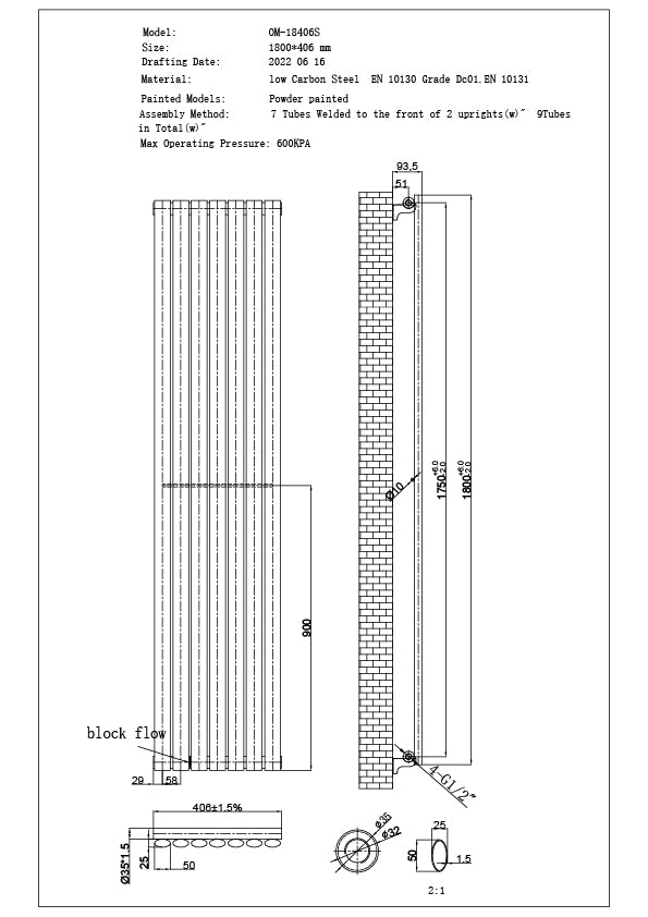 Omeara - White Designer Radiator H1800mm x W406mm Single Panel - Feet Included