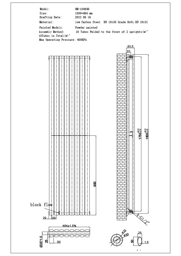 Omeara - Black Vertical Radiator H1800mm x W464mm Double Panel