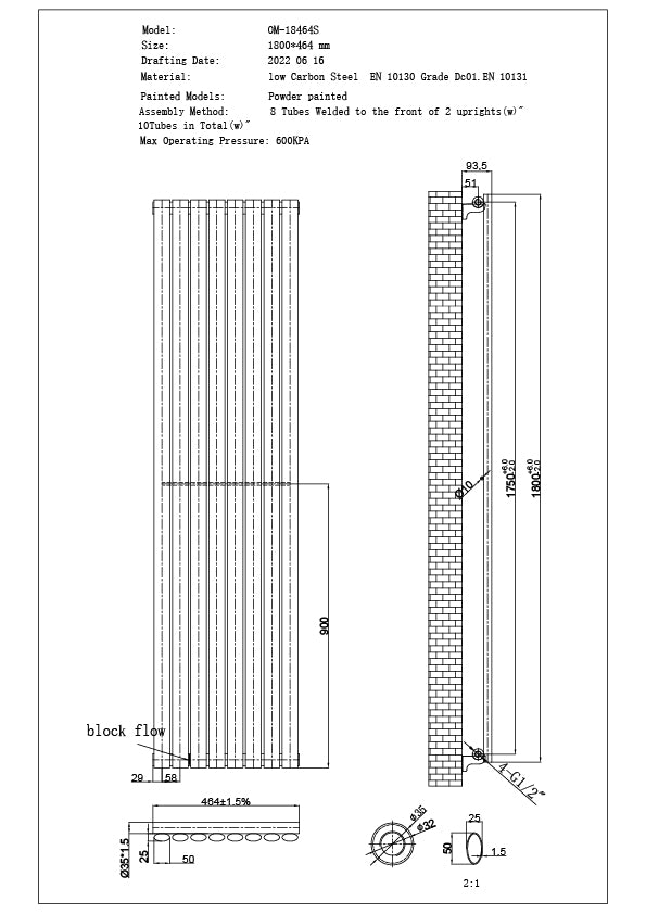 Omeara - White Vertical Radiator H1800mm x W464mm Single Panel