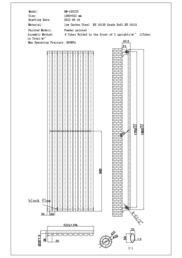 Omeara - White Vertical Radiator H1800mm x W522mm Single Panel