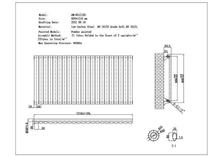 Omeara - Black Horizontal Electric Radiator H600mm x W1218mm Single Panel 900w Thermostatic WIFI