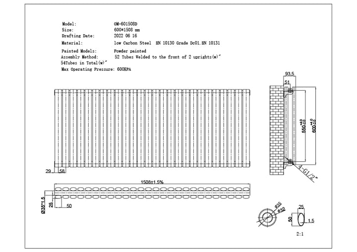 Omeara - Anthracite Horizontal Radiator H600mm x W1508mm Double Panel