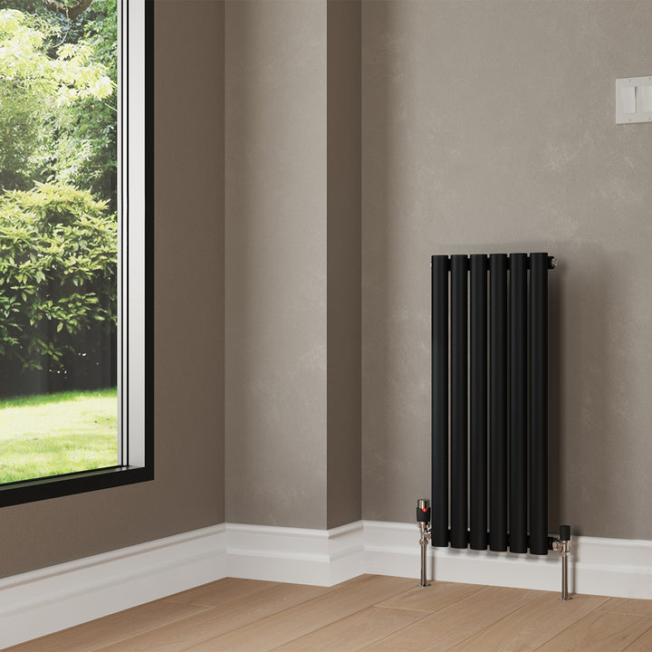 Omeara - Black Designer Radiator H800mm x W348mm Single Panel - Feet Included