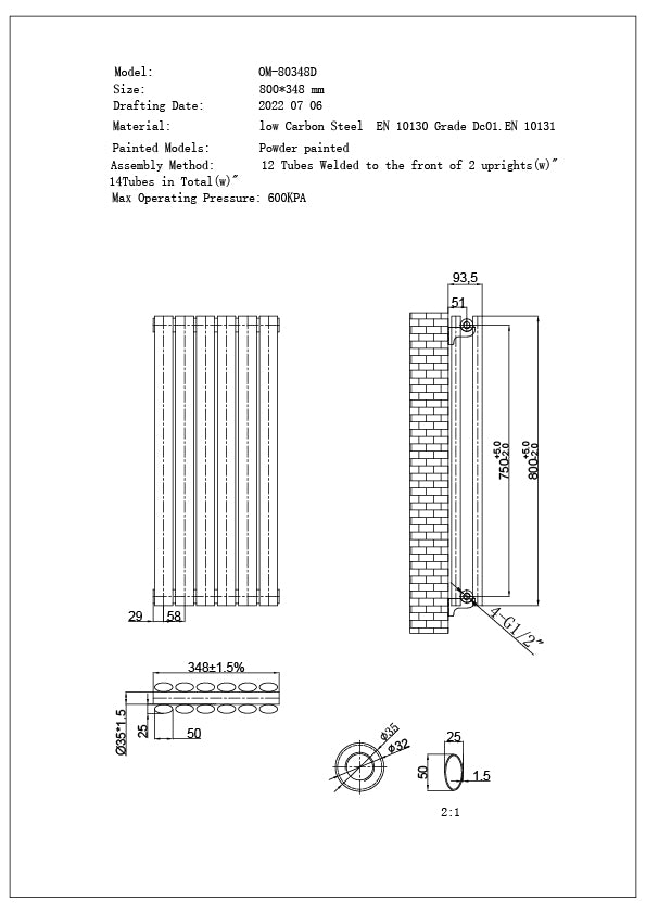 Omeara - Anthracite Designer Radiator H800mm x W348mm Double Panel