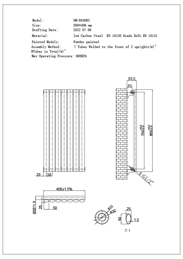 Omeara - Black Designer Radiator H800mm x W406mm Single Panel