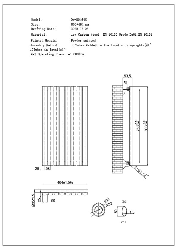 Omeara Axis - White Horizontal Radiator H464mm x W800mm Single Panel