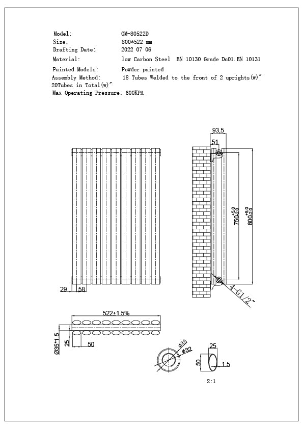 Omeara Axis - Black Horizontal Radiator H522mm x W800mm Double Panel