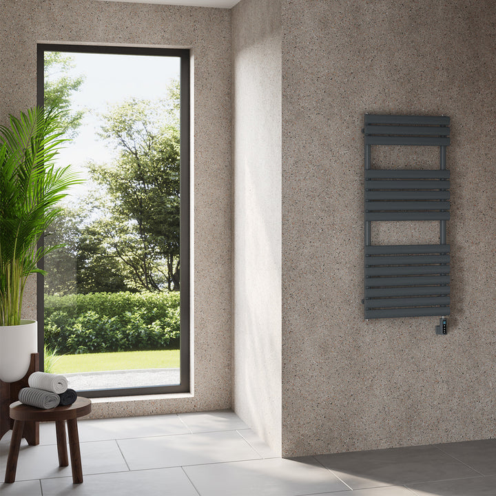 Omeara - Anthracite Electric Towel Rail H1120mm x W500mm 600w Thermostatic WIFI