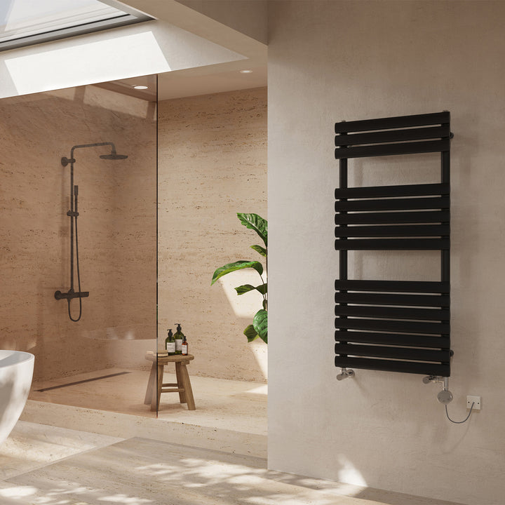 Omeara - Black Dual Fuel Towel Rail H1120mm x W500mm Thermostatic