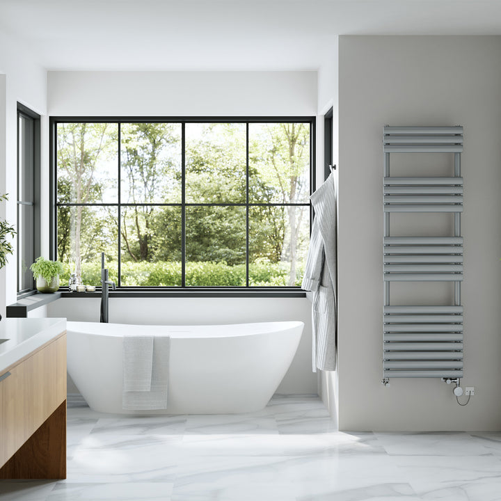 Omeara - Silver Dual Fuel Towel Rail H1595mm x W500mm Thermostatic