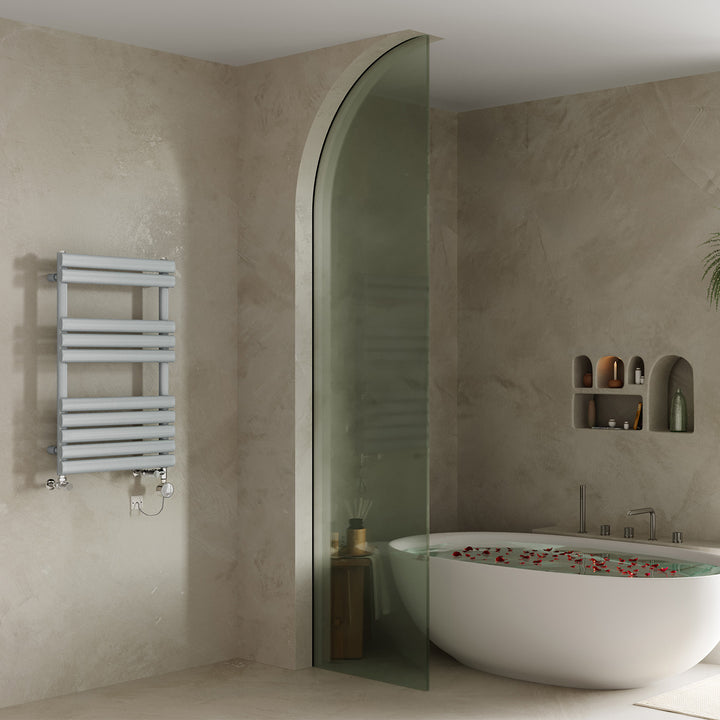 Omeara - Silver Dual Fuel Towel Rail H825mm x W500mm Thermostatic