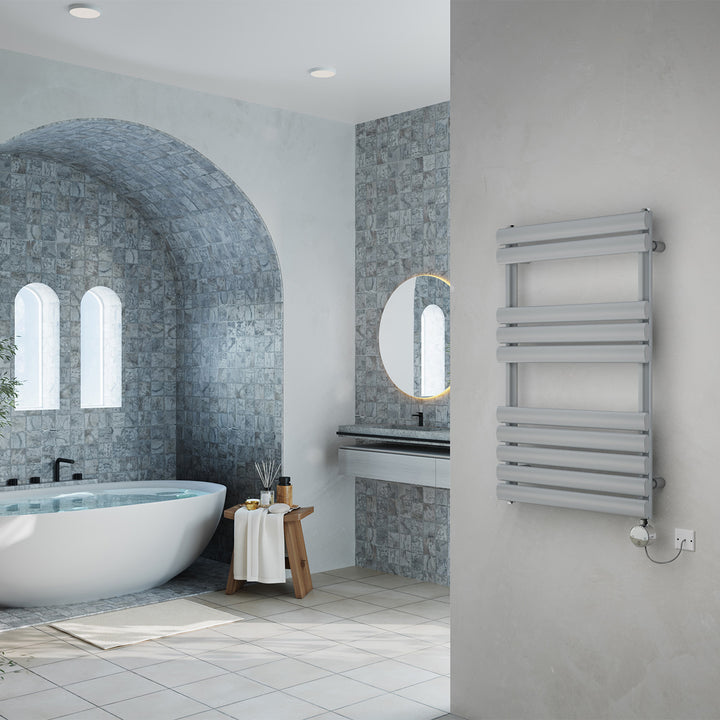 Omeara - Silver Electric Towel Rail H825mm x W500mm 300w Thermostatic