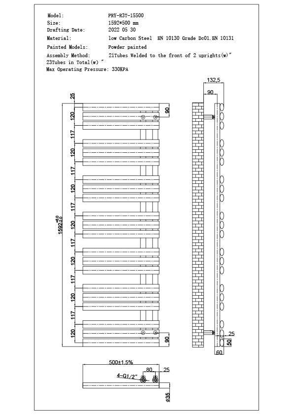 Percival - White Electric Towel Rail H1592mm x W500mm 600w Thermostatic