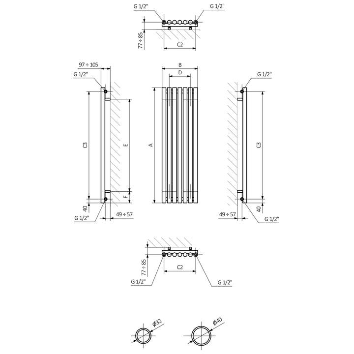 Rolo-Room - Black Horizontal Designer Radiator H500mm x W865mm Single Panel