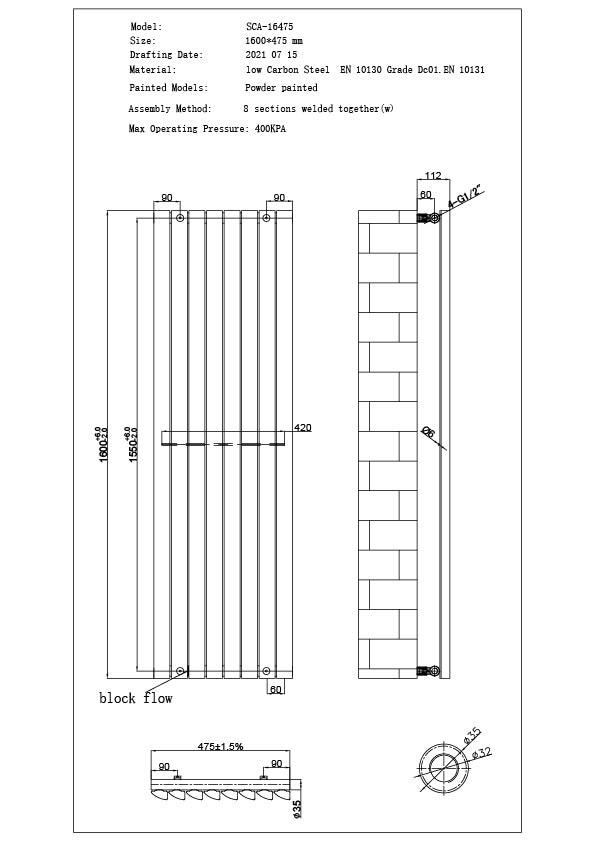 Scalloway - White Vertical Radiator H1600mm x W475mm Single Panel